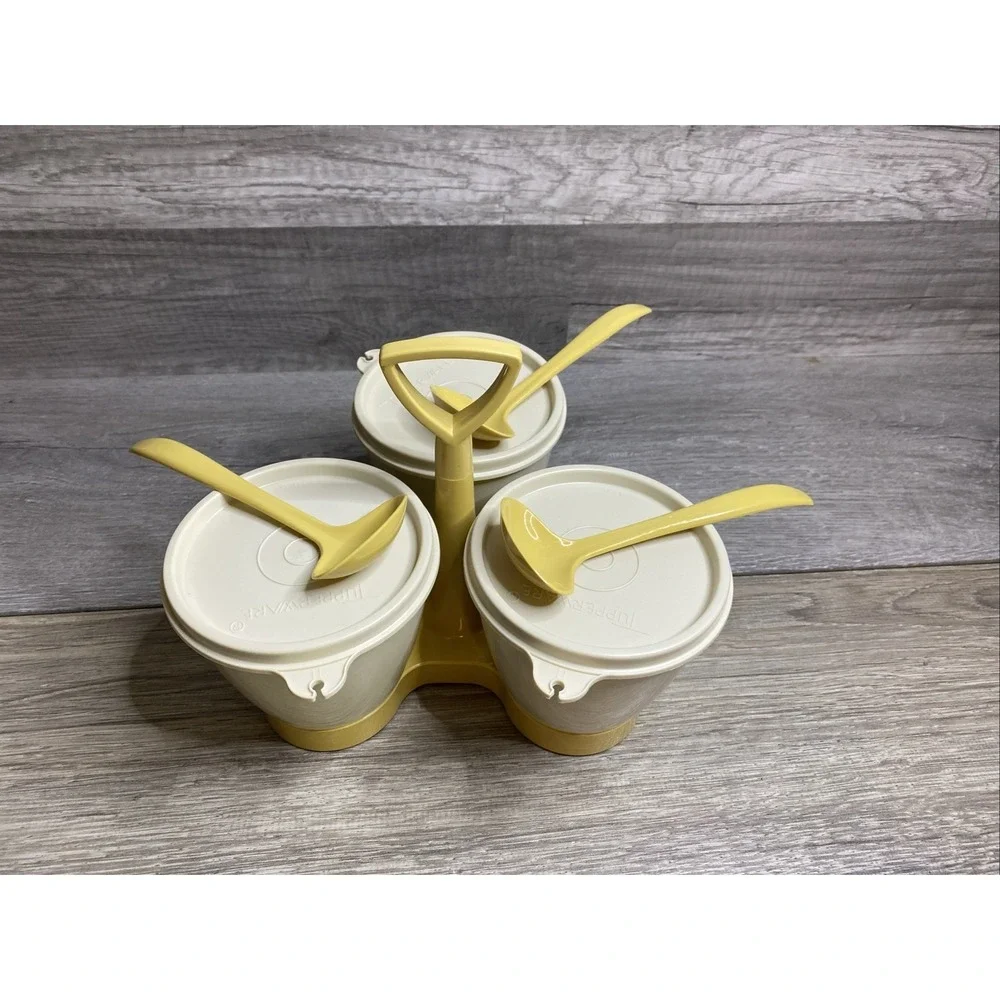 Vintage Tupperware Gold and Almond Condement‎ Caddy Set w/ Cups, Lids & Spoons